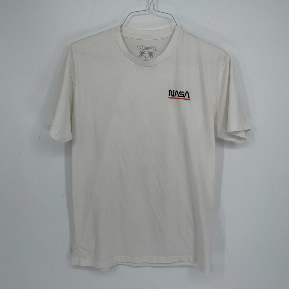 Riot Society Men's White NASA Embroidered Logo Crewneck Graphic Tee Shirt Size L